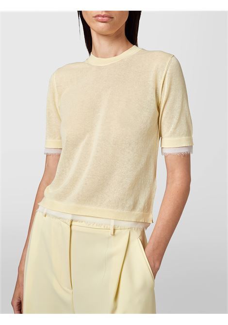 Alpha Studio Girocollo Mix Fabric in voile di cotone con profili in chiffon  Giallo ALPHA STUDIO | Maglieria | AD-6070C2012